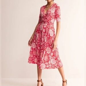 BODEN Kassidy Jersey Midi Dress in Poppy Red Gardenia Swirl Women's 12P
